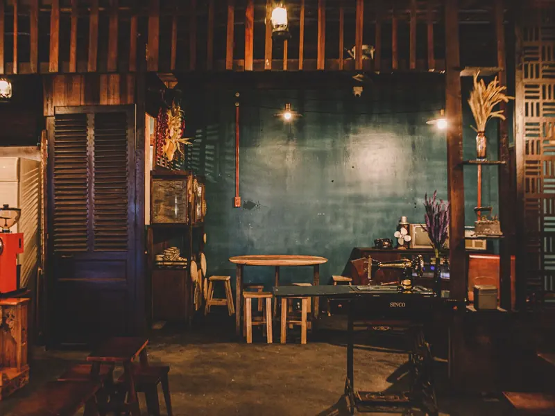 The front counter and espresso machine seen from the door