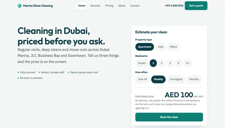 The Marina Shine Cleaning demo on a desktop screen: a headline, a list of what is included, and a quote estimator showing AED 100 per visit.