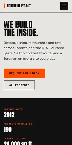 The Northline Fit-Out demo on a phone, showing the headline and the callback button.
